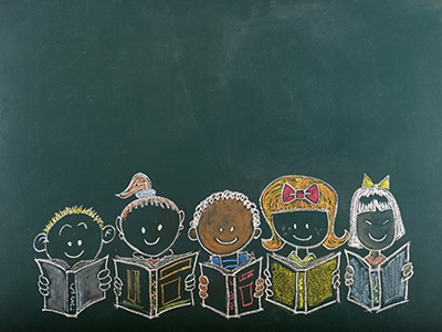 Chalk sketch of multi-ethnic group of children reading.