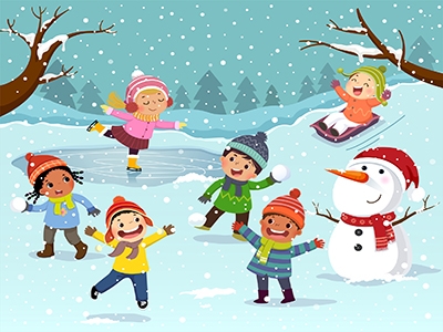 Children playing in ice skates with snowman, cartoon