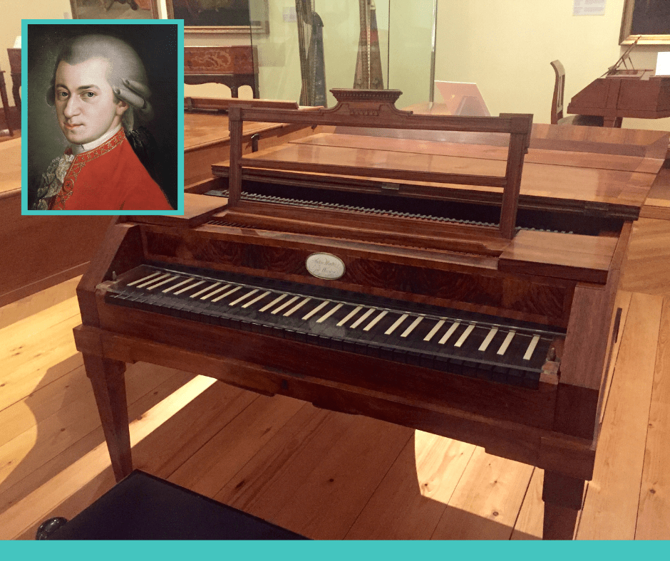 A fortepiano with an inset photograph of Mozart.